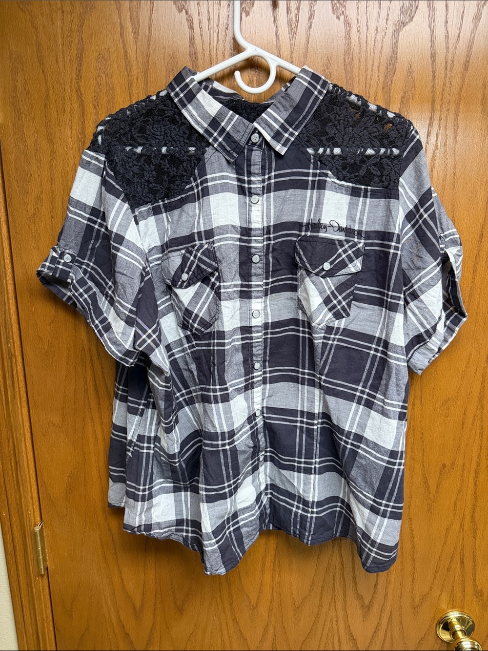 Harley-Davidson Black and White Plaid Lace Shoulder Button-Up Blouse